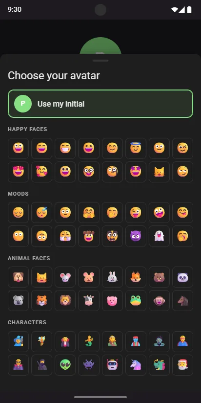 Choose your avatar: Use my initial, then happy faces, moods, animal faces and characters