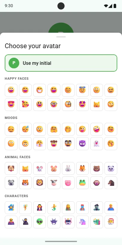 Choose your avatar: Use my initial, then happy faces, moods, animal faces and characters