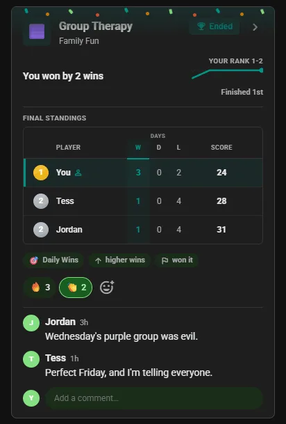 Ended Connections competition card in the club feed: final standings with the winner first