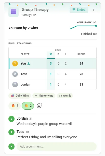 Ended Connections competition card in the club feed: final standings with the winner first