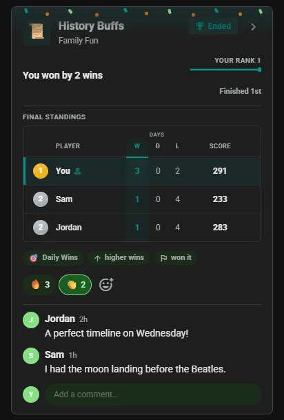Ended Historicale competition card in the club feed: final standings with the winner first