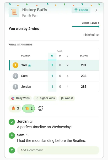 Ended Historicale competition card in the club feed: final standings with the winner first