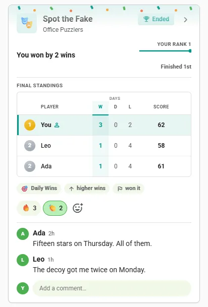 Ended Nerdle Decoy competition card in the club feed: final standings with the winner first