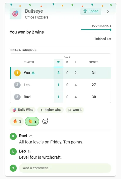 Ended Nerdle Targets competition card in the club feed: final standings with the winner first