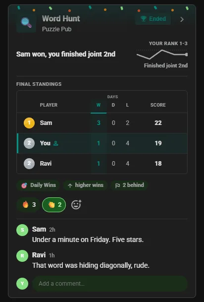 Ended One Word Search competition card in the club feed: final standings with the winner first