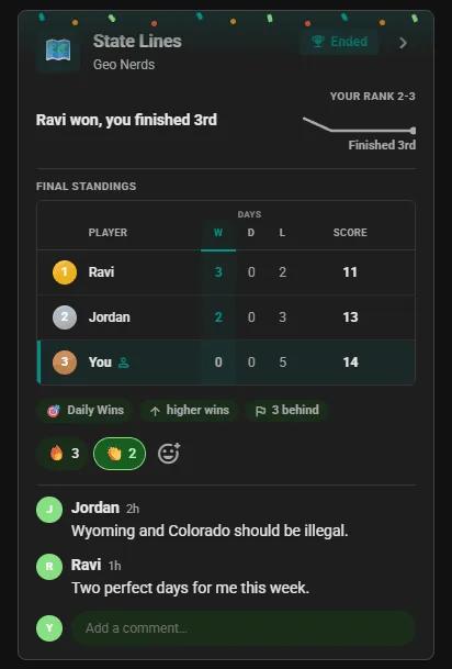 Ended Statele competition card in the club feed: final standings with the winner first