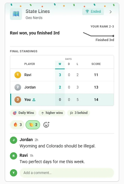 Ended Statele competition card in the club feed: final standings with the winner first