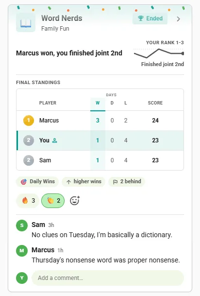 Ended Twords competition card in the club feed: final standings with the winner first