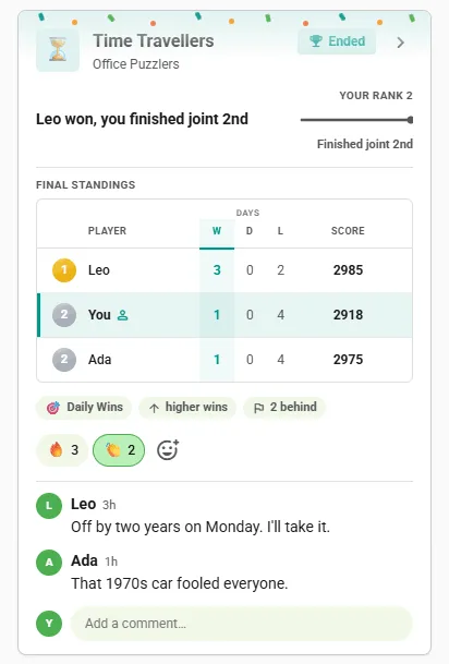 Ended WhenTaken competition card in the club feed: final standings with the winner first