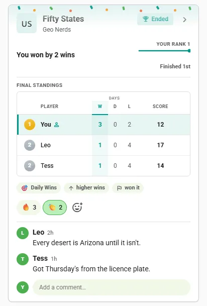 Ended WhereTaken US competition card in the club feed: final standings with the winner first