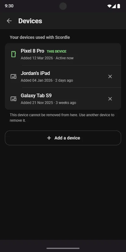 Devices in Settings: this phone, an iPad and a tablet, with Add a device