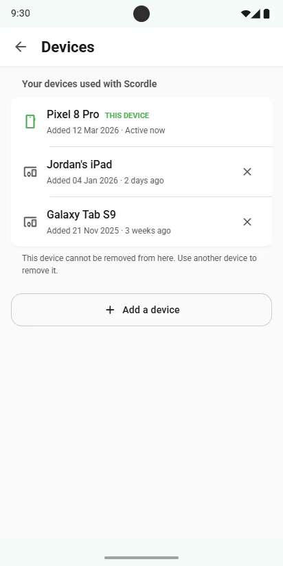 Devices in Settings: this phone, an iPad and a tablet, with Add a device