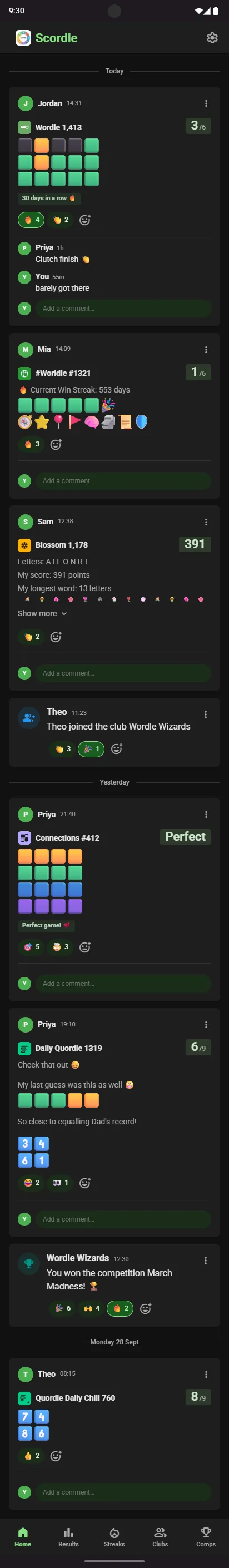 Club feed with score cards, emoji reactions, comments and a player joining the club
