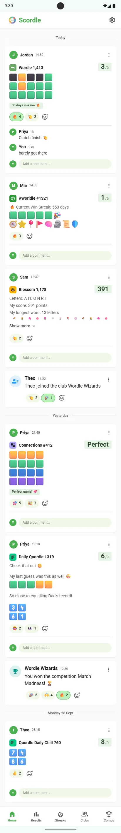 Club feed with score cards, emoji reactions, comments and a player joining the club