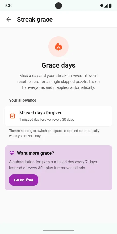 Streak grace in Settings: 1 missed day forgiven every 30 days, with the subscriber allowance of 1 every 7