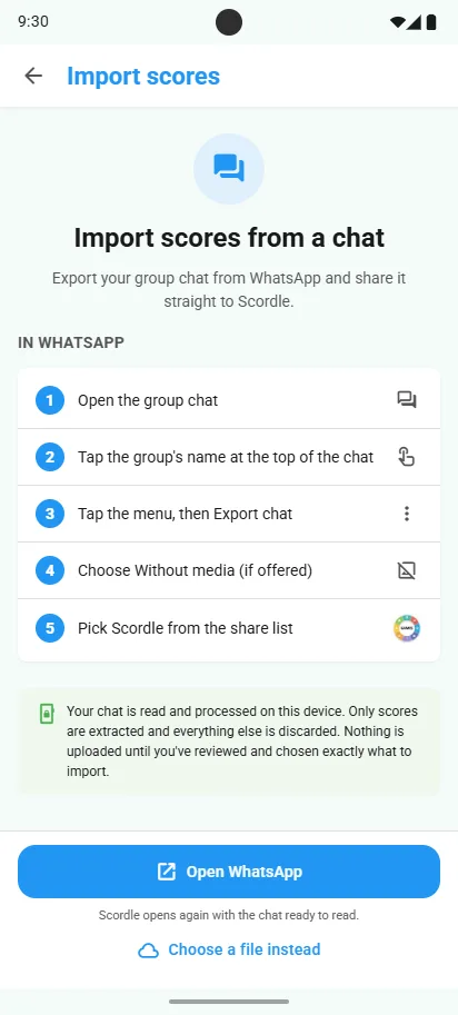 Import scores from a chat: five steps to export a WhatsApp group chat to Scordle