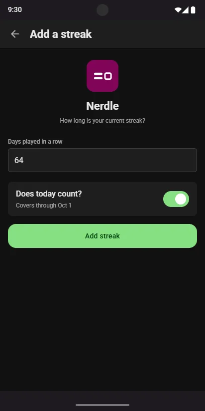 Add a streak for Nerdle: days played in a row and does today count