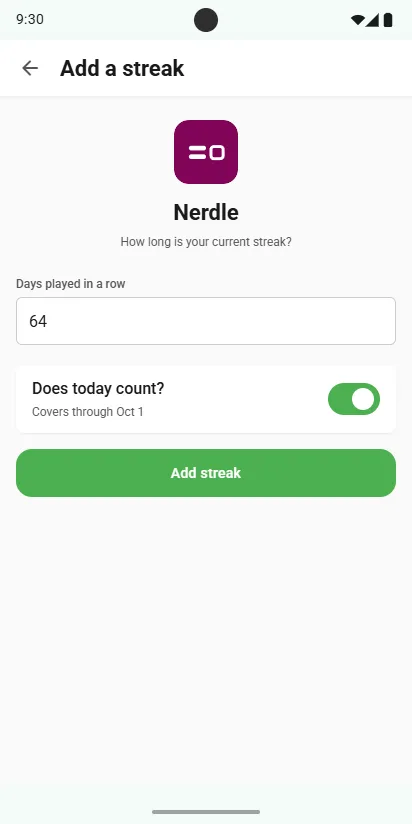 Add a streak for Nerdle: days played in a row and does today count