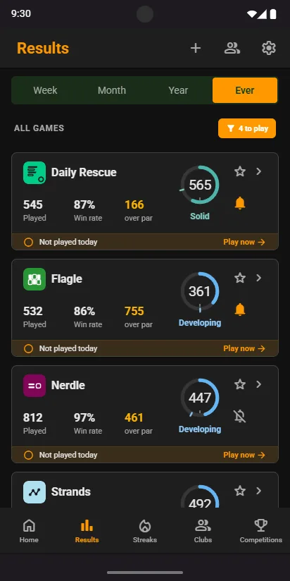 After tapping the filter: only the four unplayed games, each with Play now