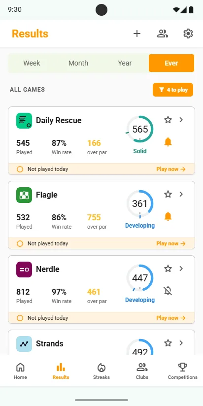 After tapping the filter: only the four unplayed games, each with Play now