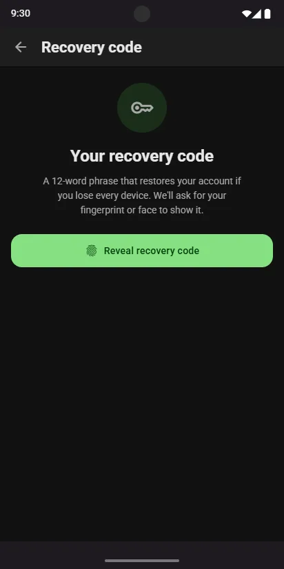 Recovery code in Settings: reveal your 12-word phrase with your fingerprint or face