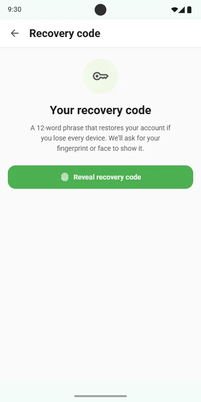 Recovery code in Settings: reveal your 12-word phrase with your fingerprint or face