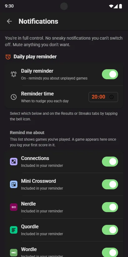 Notifications in Settings: Daily reminder on at 20:00, and a switch for each game under Remind me about