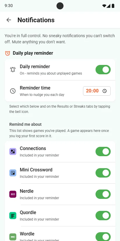 Notifications in Settings: Daily reminder on at 20:00, and a switch for each game under Remind me about
