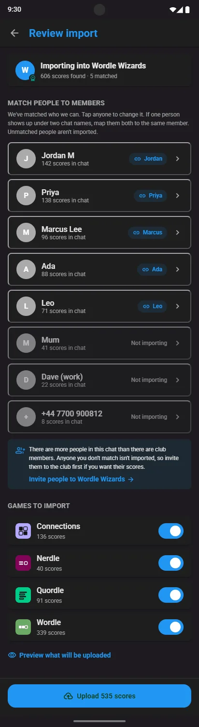 Review import: chat names matched to club members and games to import