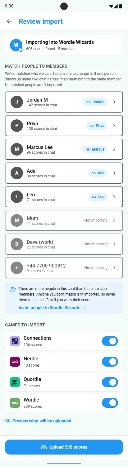 Review import: chat names matched to club members and games to import