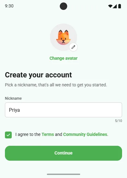 Create your account: an avatar with Change avatar, a nickname field and Continue